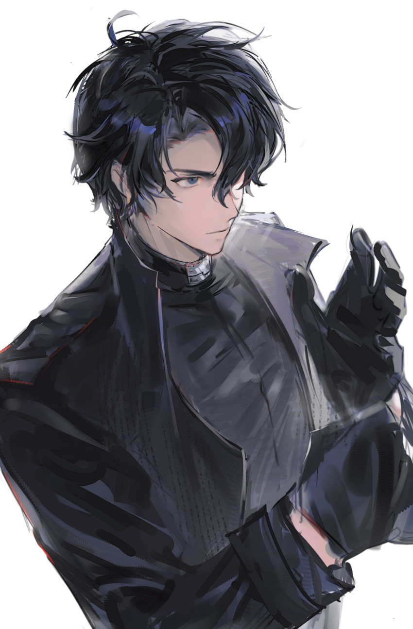 1boy, adjusting_clothes, adjusting_gloves, belt_collar, black_coat, black_eyes, black_gloves, black_hair