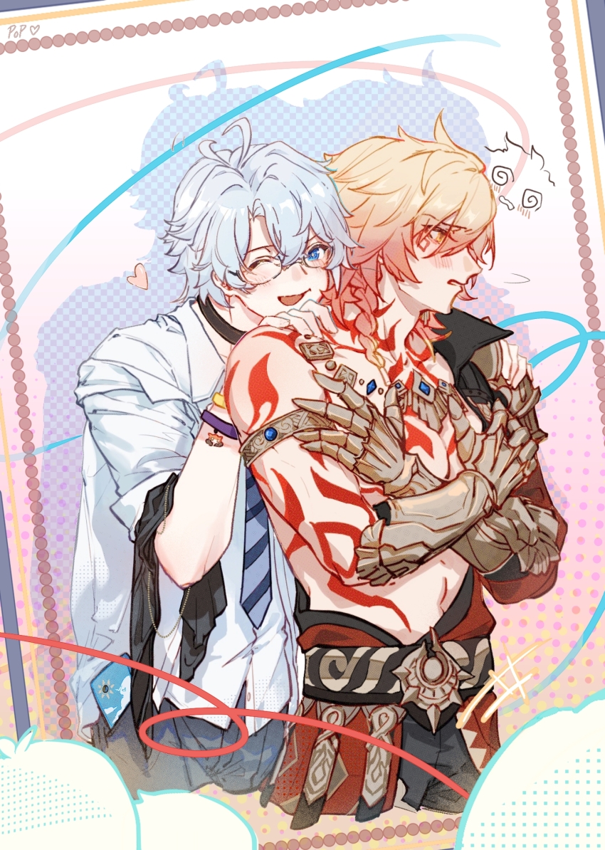 2boys, alternate_costume, antenna_hair, arm_tattoo, armlet, black_choker, black_coat, black_pants