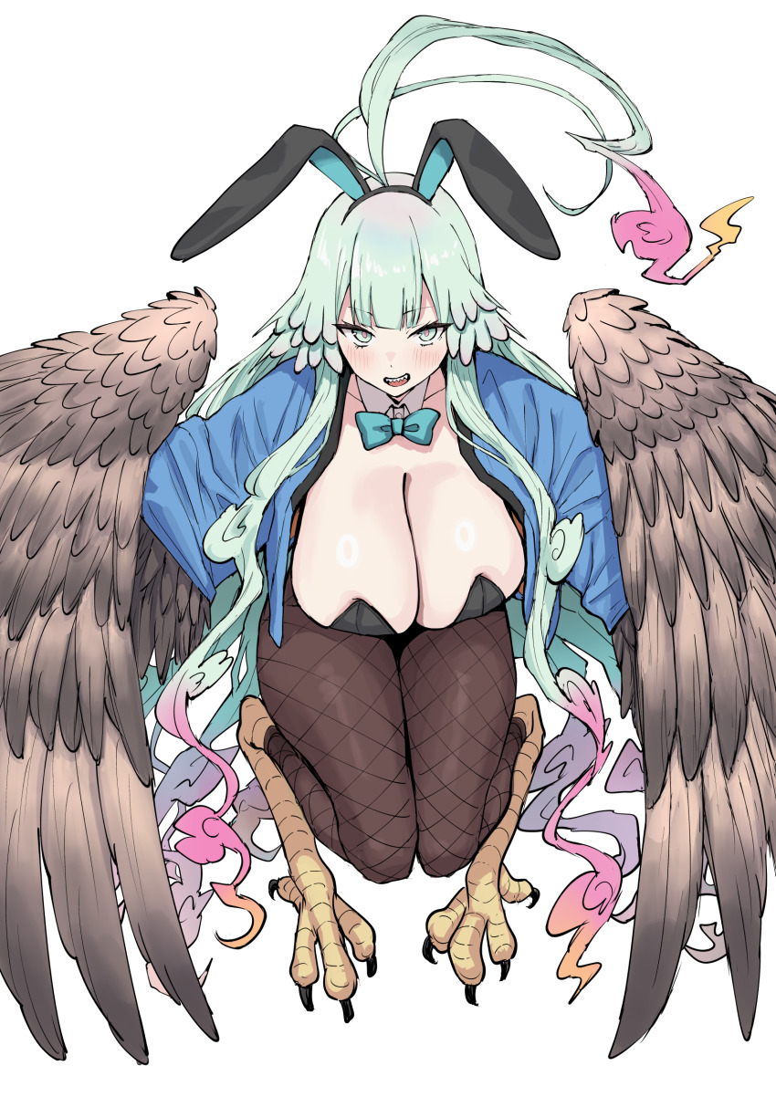 1girl, absurdres, ahoge, alternate_costume, animal_ears, bird_legs, black_leotard, blue_jacket, blush, bow, bowtie, breasts, brown_pantyhose, commentary_request, detached_collar, fake_animal_ears, fate/grand_order, fate_(series), feathered_wings, feathers, fishnet_pantyhose, fishnets, green_eyes, green_hair, harpy, highleg, highleg_leotard, highres, jacket, large_breasts, leotard, long_hair, long_sleeves, looking_at_viewer, louhi_(fate), louhi_(third_ascension)_(fate), monster_girl, nakagasukima, open_mouth, pantyhose, playboy_bunny, rabbit_ears, sharp_teeth, sidelocks, solo, teeth, winged_arms, wings