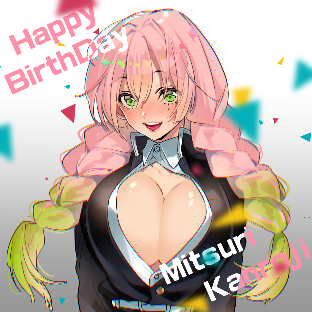 1girl, :d, belt, black_jacket, blurry, blurry_foreground, blush, braid, breasts, bursting_breasts, character_name, cleavage, collared_shirt, commentary_request, confetti, demon_slayer_uniform, english_text, gradient_background, gradient_hair, green_eyes, green_hair, hair_between_eyes, happy_birthday, hashimoto_(yanagi-momo), heart, huge_breasts, jacket, japanese_clothes, kanroji_mitsuri, kimetsu_no_yaiba, large_breasts, long_hair, long_sleeves, looking_at_viewer, mole, mole_under_eye, multicolored_hair, open_clothes, open_mouth, open_shirt, partially_unbuttoned, pink_hair, shirt, smile, solo, teeth, twin_braids, two-tone_hair, unbuttoned, upper_body, white_background, white_belt, white_shirt