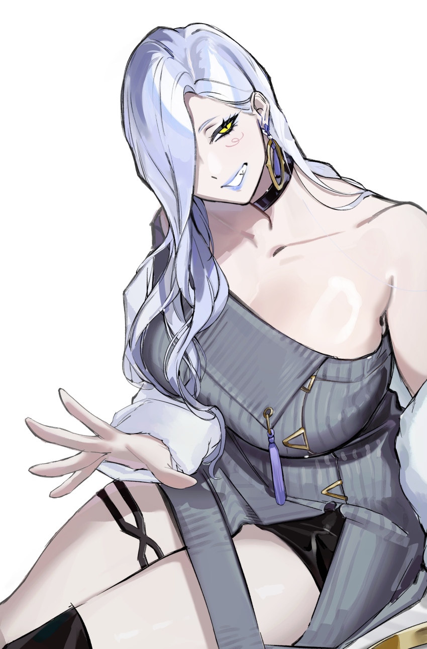 1girl, absurdres, bare_shoulders, black_shorts, black_thighhighs, blue_lips, blush, breasts, choker, collarbone, commentary_request, dress, earrings, eyeliner, fate/grand_order, fate_(series), grey_dress, grin, hair_over_one_eye, highres, hoop_earrings, jacket, jewelry, large_breasts, long_hair, long_sleeves, looking_at_viewer, makeup, mimiiri, hebi_nyoubou_(fate), off_shoulder, short_shorts, shorts, smile, solo, sweater, sweater_dress, tassel, thighhighs, thighs, white_hair, white_jacket, yellow_eyes