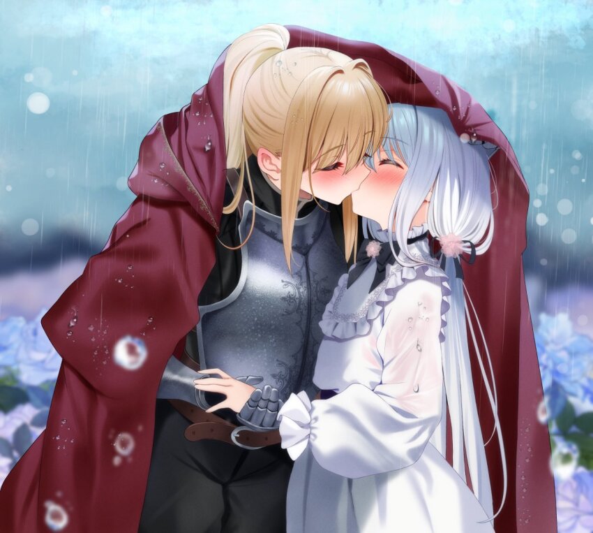 2girls, armor, ass, bagel_sandica, belt, blonde_hair, blush, closed_eyes