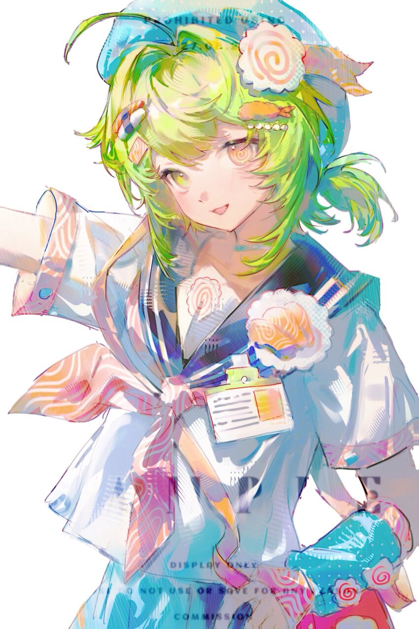 1girl, blue_hair, character_request, commentary, copyright_request, green_eyes, hat, highres, looking_at_viewer, multicolored_eyes, scarf, school_uniform, simple_background, skirt, standing, wangwanghan0723, white_background