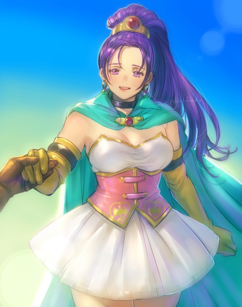 1boy, 1girl, blue_cape, blush, brown_gloves, cape, commentary_request, corset