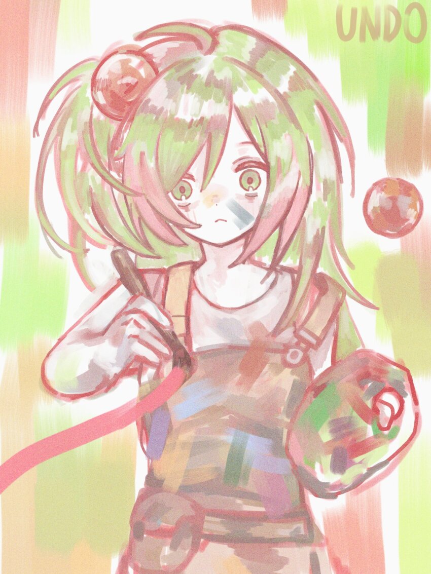 :<, abstract_background, anna_(epic_battle_fantasy), brown_overalls, epic_battle_fantasy, expressionless, green_eyes, green_hair