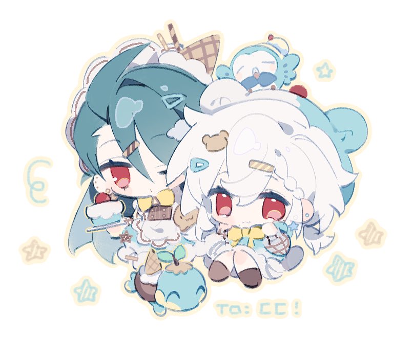 2girls, :3, apron, bear_hair_ornament, blue_dress, blush_stickers, bow, bowtie