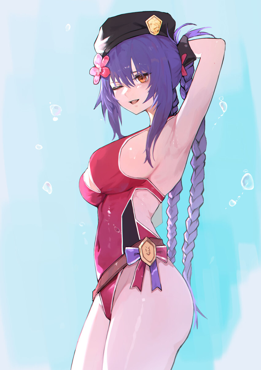 1girl, absurdres, arm_behind_head, armpits, beret, black_hat, blue_background, braid