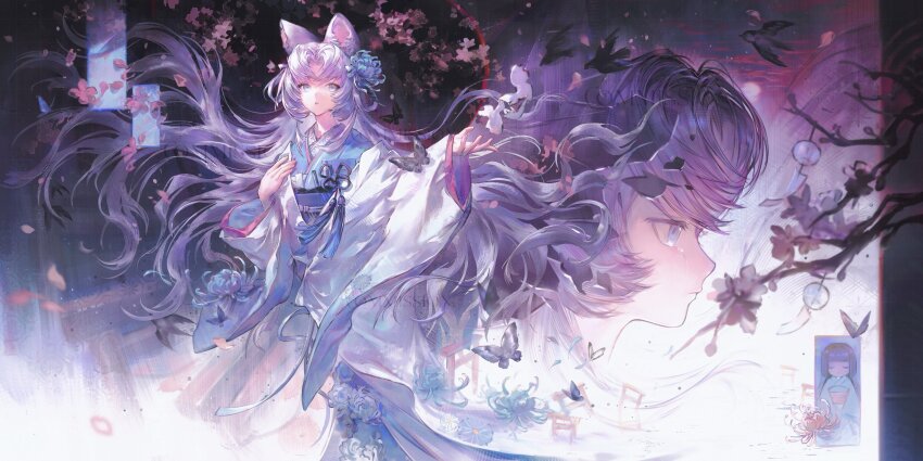 1girl, absurdres, animal_ear_fluff, animal_ears, bird, blue_eyes, blue_flower, bug