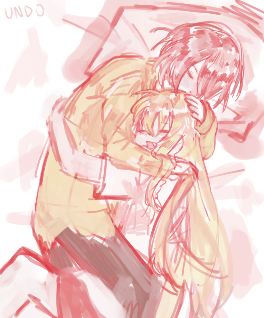 :d, brown_pants, closed_eyes, cuddling, epic_battle_fantasy, fang, hashtag-only_commentary, highres