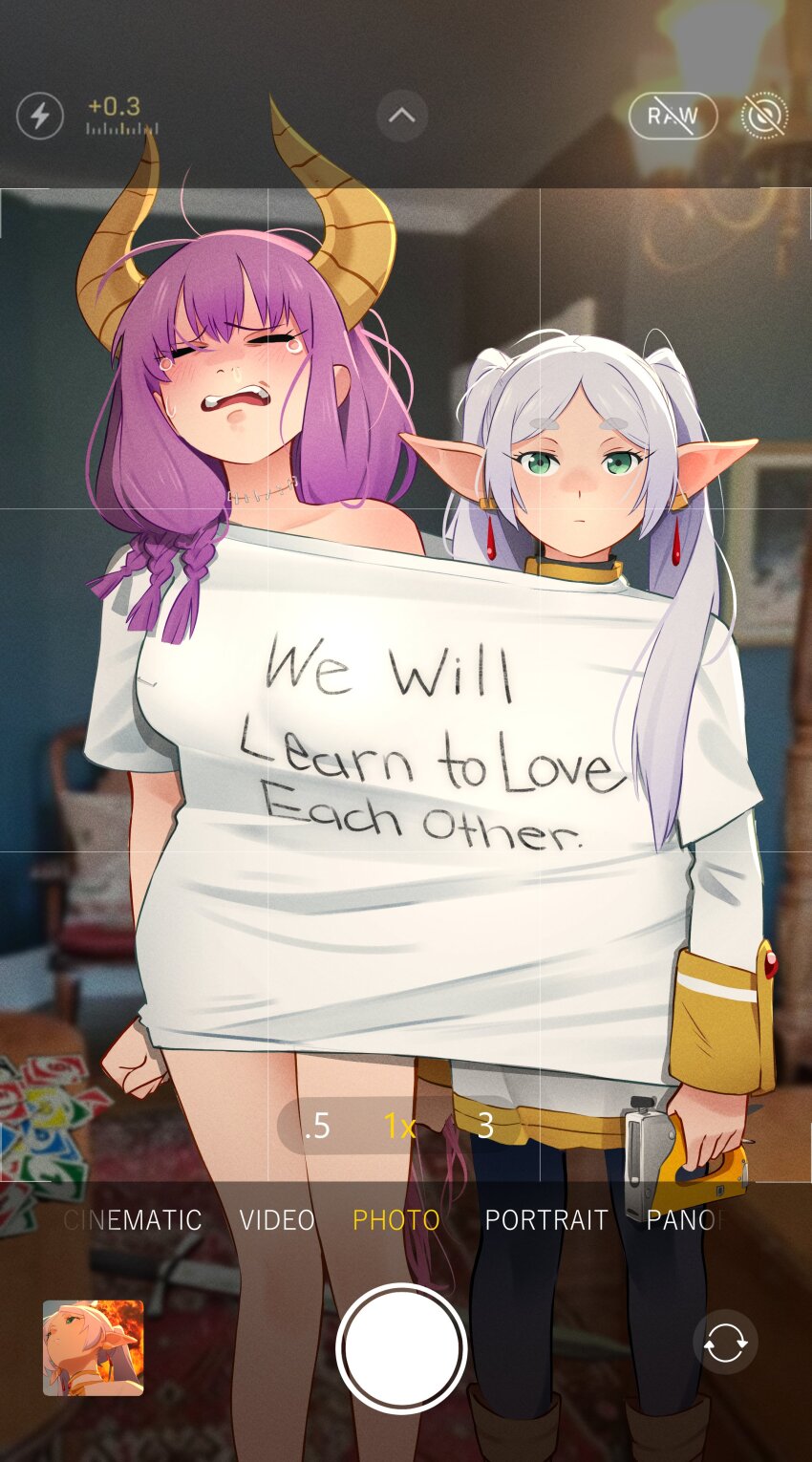 2girls, 9/11, absurdres, aura_(sousou_no_frieren), aura_bullying_(meme), blurry, blurry_background, clothes_writing, crying, demon_girl, demon_horns, earrings, elf, english_text, frieren, get_along_shirt_(meme), green_eyes, grey_hair, highres, holding, horns, indoors, jewelry, khyle., long_hair, looking_at_viewer, meme, multiple_girls, pointy_ears, shared_shirt, shirt, sousou_no_frieren, standing, sword, tears, twintails, uno_(game), upward_angle_frieren_drawing_(meme), weapon, white_shirt, yellow_horns