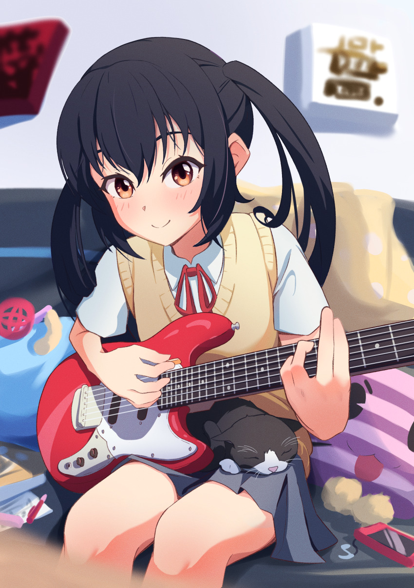 1girl, absurdres, animal, animal_on_lap, black_cat, black_hair, blush, brown_eyes