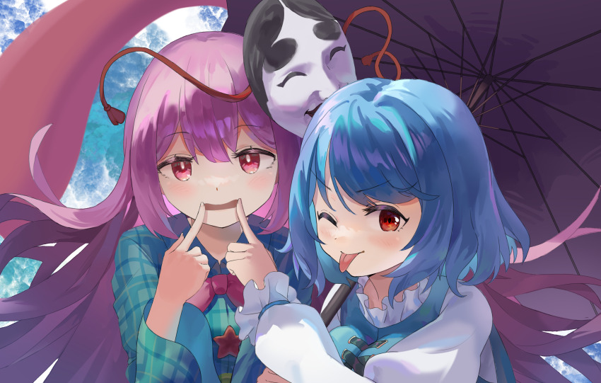 2girls, blue_hair, blue_shirt, blue_vest, bow, bowtie, bright_pupils, buttons, closed_mouth, commentary_request, finger_to_another's_mouth, fingernails, frilled_sleeves, frills, hand_up, hata_no_kokoro, highres, holding, holding_umbrella, karakasa_obake, ko-omote_mask, light_blush, long_hair, long_sleeves, looking_at_viewer, mask, mouth_pull, multicolored_buttons, multiple_girls, one_eye_closed, open_mouth, pink_bow, pink_bowtie, pink_eyes, pink_hair, plaid_clothes, plaid_shirt, puffy_long_sleeves, puffy_sleeves, red_eyes, shirt, short_hair, star_(symbol), star_button, tatara_kogasa, tongue, tongue_out, touhou, umbrella, upper_body, vest, white_pupils, white_shirt, yorange17