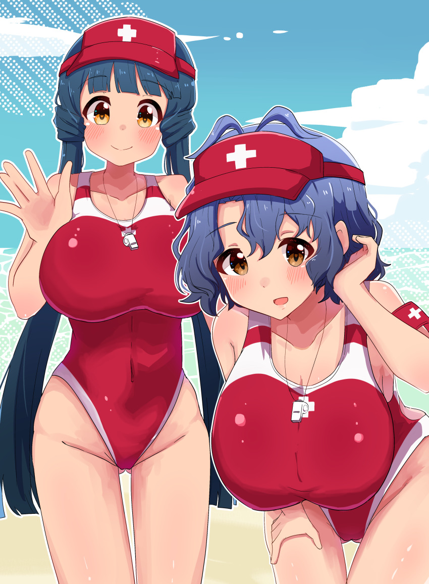 absurdres, blue_hair, blue_sky, blunt_bangs, breasts, brown_eyes, cait_sith47, cloud, commentary_request, competition_swimsuit, covered_navel, green_hair, highleg, highleg_one-piece_swimsuit, highres, idolmaster, idolmaster_million_live!, kitakami_reika, large_breasts, lifeguard, long_hair, one-piece_swimsuit, red_one-piece_swimsuit, red_visor, short_hair, sky, swimsuit, toyokawa_fuka, twintails, visor_cap, waving, whistle, whistle_around_neck