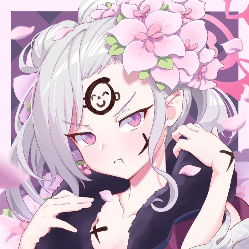 1girl, :t, argyle_background, blue_archive, blurry, blush, border, character_print