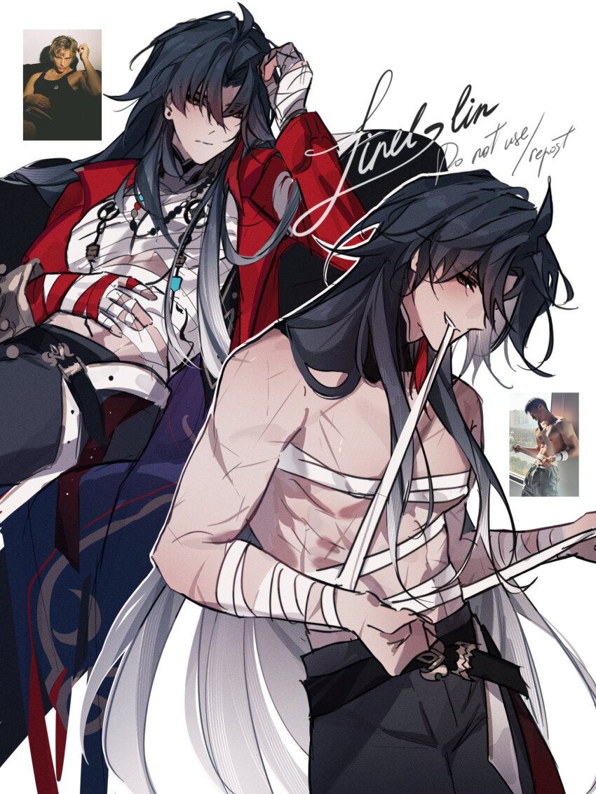 1boy, ahoge, bandaged_chest, bandaged_torso, belt, biting, mortenax_blade_(honkai:_star_rail), blade_(honkai:_star_rail)