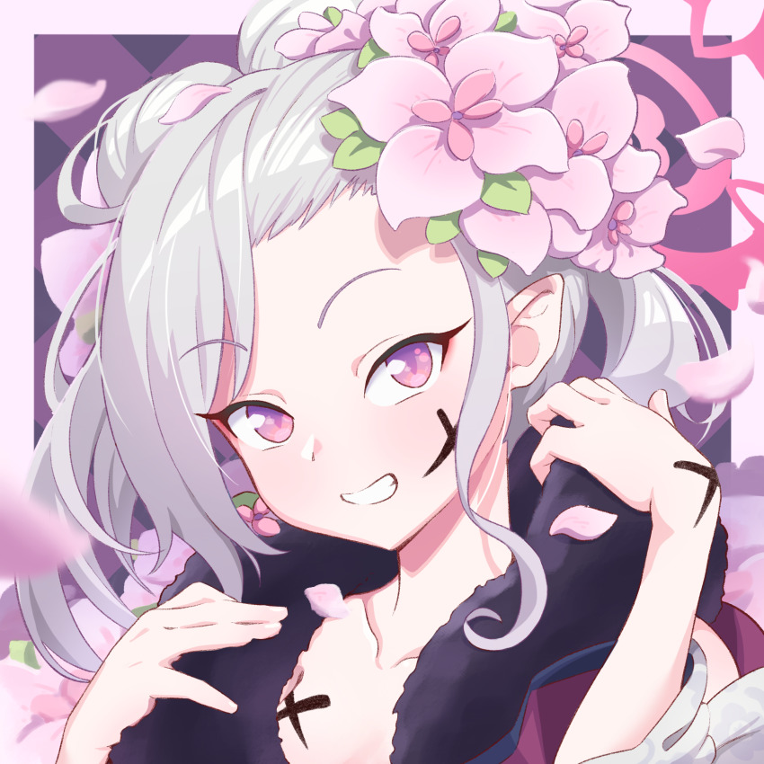 1girl, :d, argyle_background, blue_archive, blurry, blush, border, collarbone