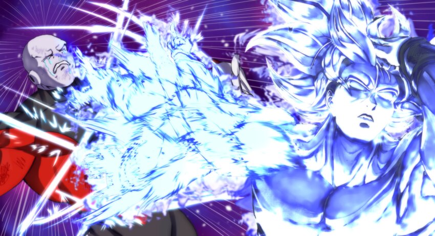 2boys, absurdres, adjusting_hair, afterimage, closed_eyes, dragon_ball, dragon_ball_super, fighting