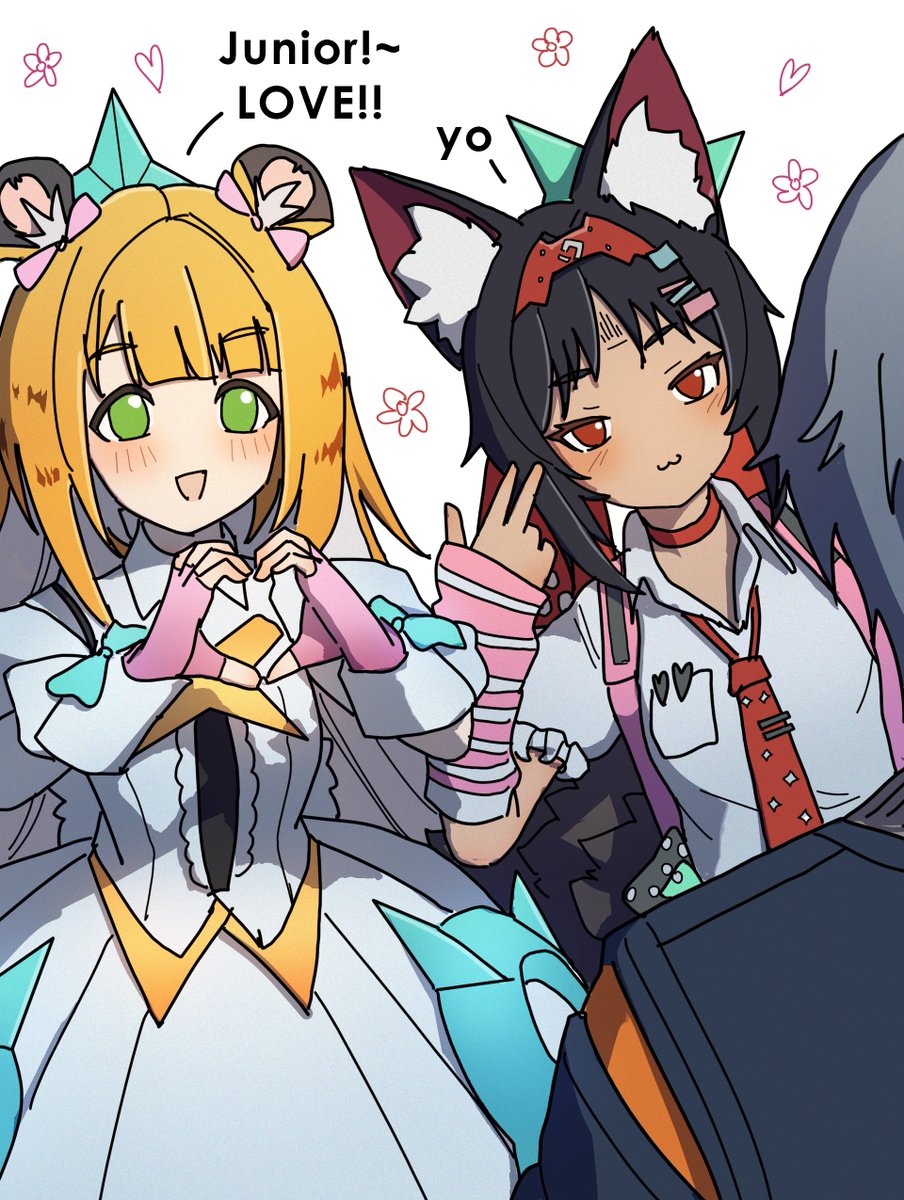 1boy, 2girls, :3, animal_ear_fluff, animal_ears, aria_(zenless_zone_zero), aria_(zenless_zone_zero)_(cosplay), arm_warmers, bag, barcode, barcode_tattoo, black_hair, black_skirt, blue_jacket, blush, bow, cat_ears, cat_girl, center_frills, choker, closed_mouth, colored_inner_hair, cosplay, dorahdew, dress, english_text, facial_mark, fingerless_gloves, forehead_mark, forehead_tattoo, frills, fur-trimmed_skirt, fur_trim, gloves, green_eyes, grey_hair, hair_bow, hairband, hand_up, heart, heart_hands, highres, jacket, ju_fufu, leaning_to_the_side, multicolored_hair, multiple_girls, multiple_hair_clips, necktie, nekomiya_mana, no_pupils, open_mouth, pink_arm_warmers, pink_bag, pink_bow, pink_gloves, red_choker, red_eyes, red_hairband, red_necktie, shirt, short_hair, simple_background, skirt, striped_arm_warmers, striped_fur, striped_hair, sunna_(zenless_zone_zero), sunna_(zenless_zone_zero)_(cosplay), tattoo, tiger_ears, tiger_girl, tiger_stripes, triangle, triangle_facial_mark, white_background, white_dress, white_shirt, wise_(zenless_zone_zero), zenless_zone_zero