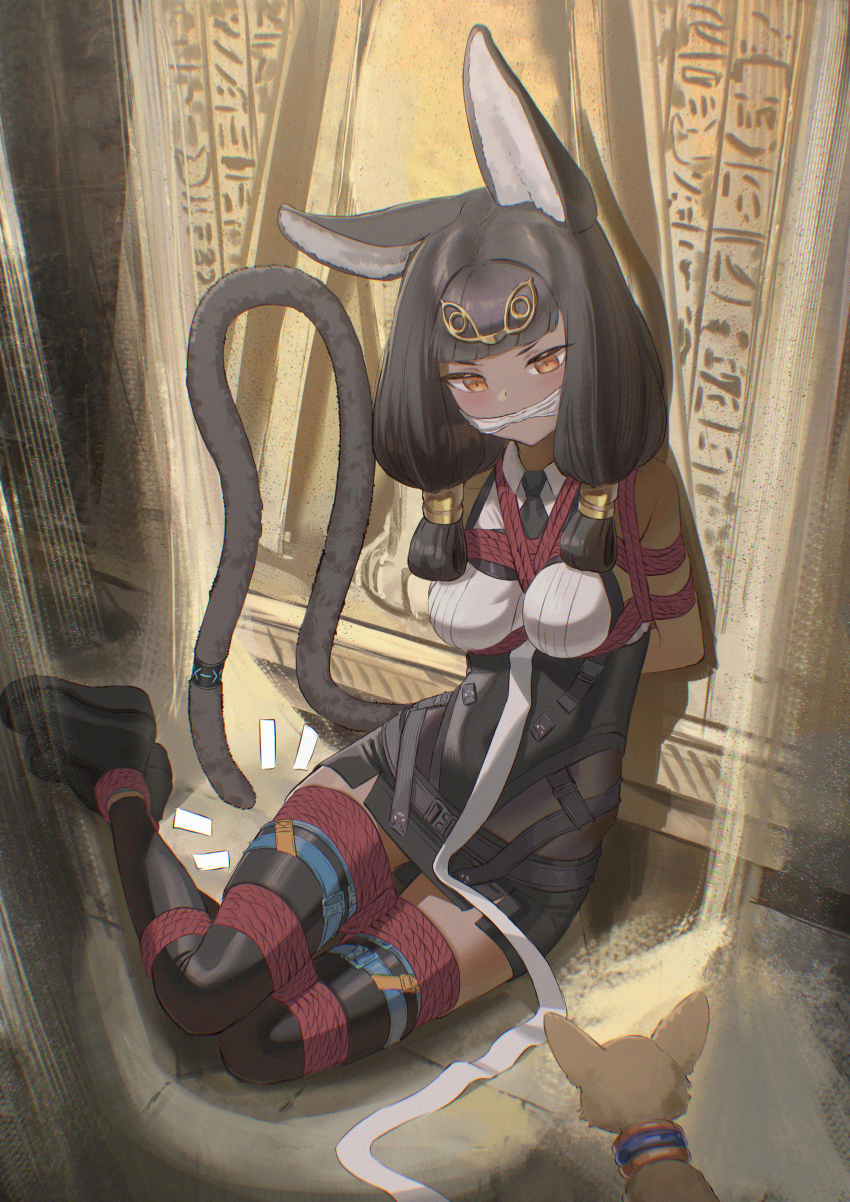 1girl, absurdres, animal_ears, arknights, arms_behind_back, black_hair, black_necktie, bound
