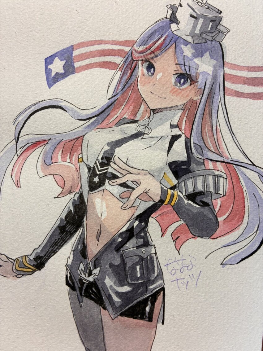 1girl, american_flag, black_jacket, black_necktie, black_skirt, blue_eyes, blue_hair, blush