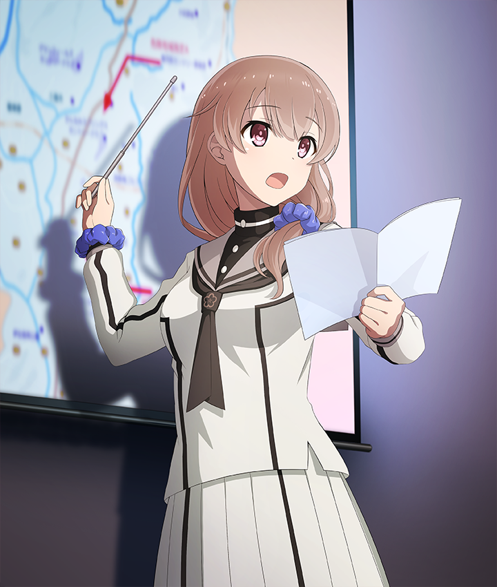 1girl, :o, arrow_(symbol), ayanokouji_martial_arts_school_uniform, breasts, brown_hair, cowboy_shot, dot_nose