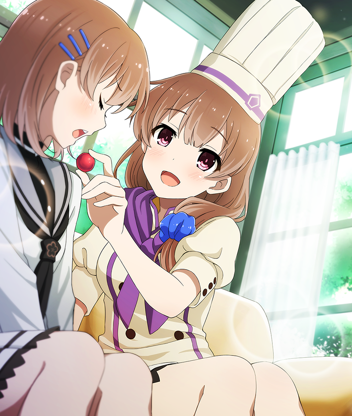 2girls, :d, ayanokouji_martial_arts_school_uniform, blue_scrunchie, blush, breasts, brown_hair, buttons