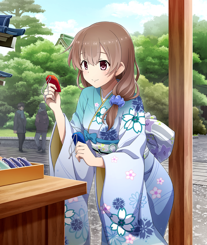 1girl, 2boys, aqua_kimono, architecture, blue_kimono, blue_sash, blue_sky, brown_hair