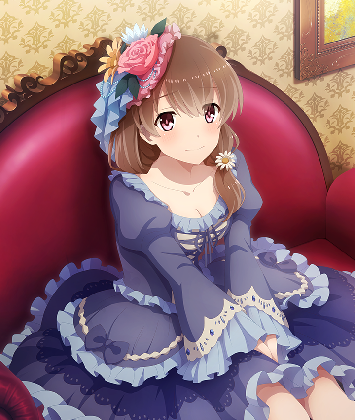 1girl, between_legs, blue_flower, blush, breasts, brown_hair, cleavage, closed_mouth