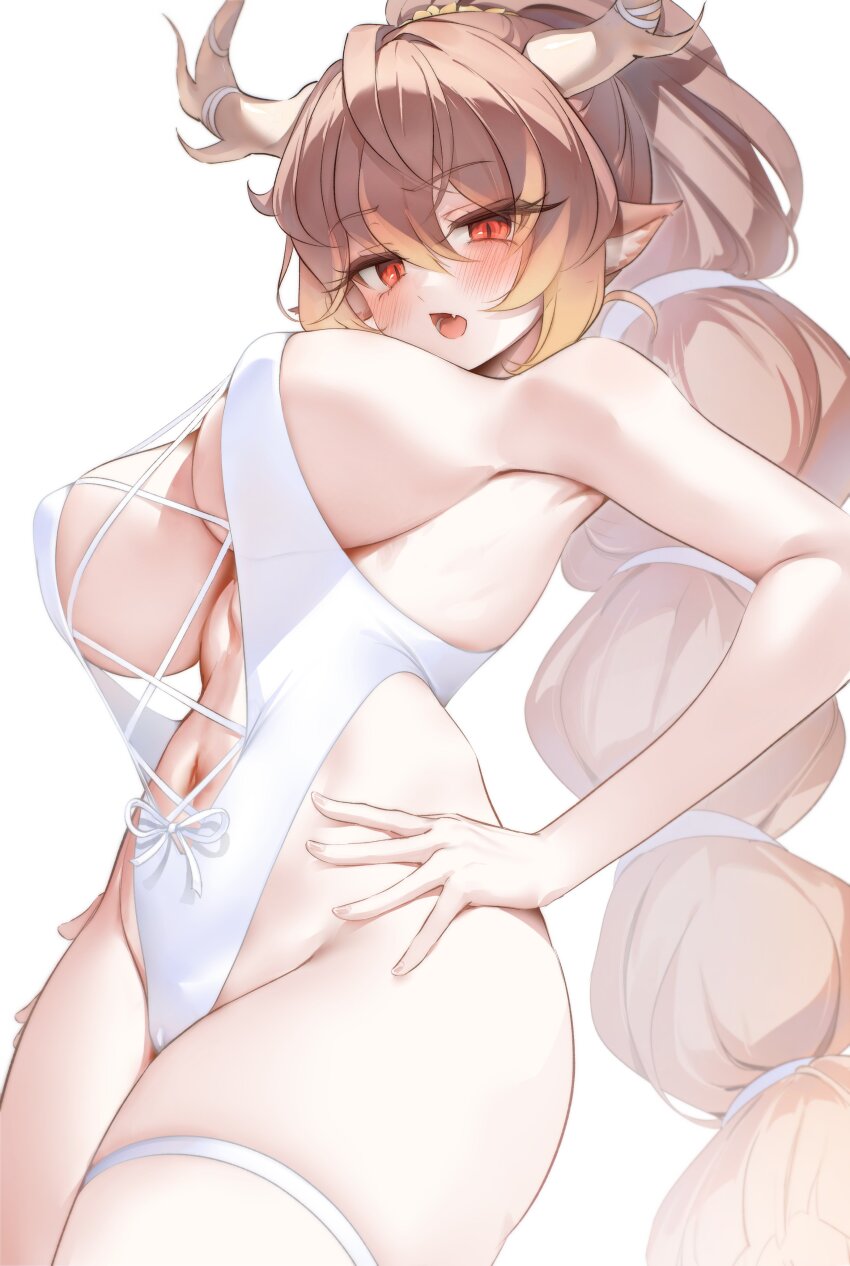 1girl, absurdres, animal_ears, antlers, blush, breasts, brown_hair, casual_one-piece_swimsuit