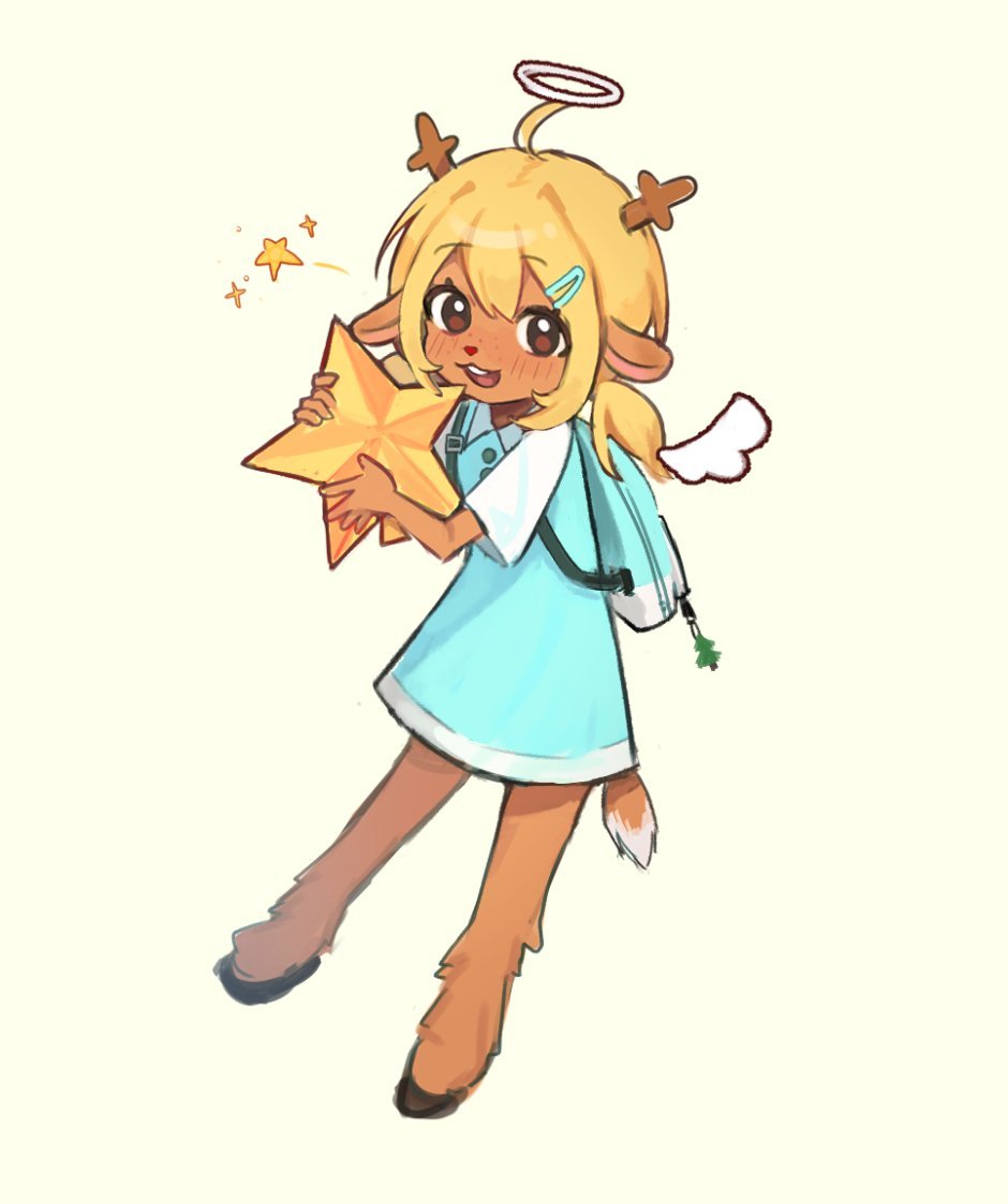 1girl, :3, animal_ears, antlers, backpack, bag, bag_charm, blonde_hair, brown_eyes, brown_fur, charm_(object), collared_dress, commentary, deer_antlers, deer_ears, deer_girl, deer_tail, deltarune, deltarunelv, detached_wings, dress, freckles, full_body, furry, furry_female, hair_ornament, hairclip, halo, hashtag-only_commentary, holding, holding_star, hooves, horns, looking_at_viewer, low_twintails, noelle_holiday, open_mouth, short_sleeves, smile, solo, star_(symbol), tail, twintails, utdr_(toby_fox), wings