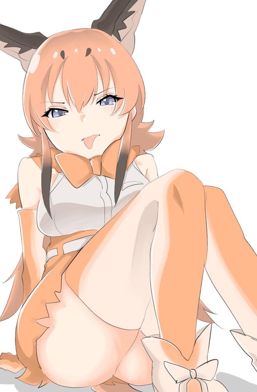 1girl, :p, animal_ear_fluff, animal_ears, ass, bare_shoulders, belt, black_hair