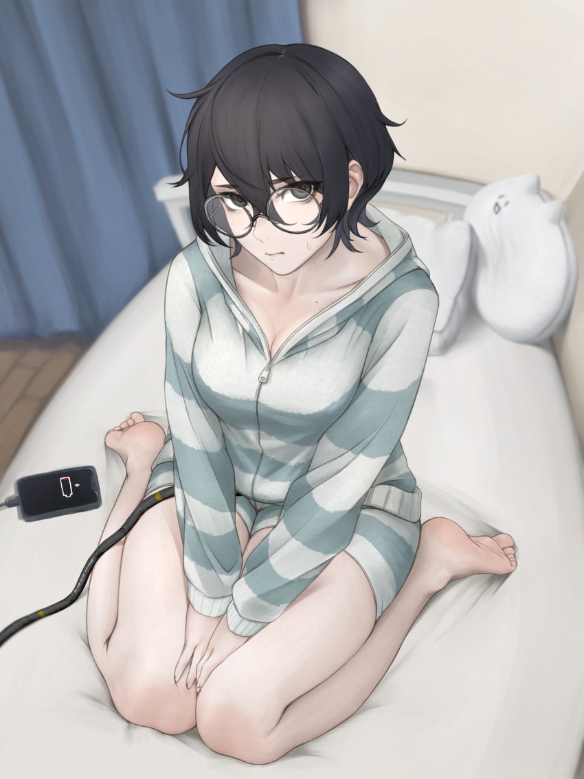 1girl, absurdres, android, barefoot, battery_indicator, bedroom, black_eyes, black_hair