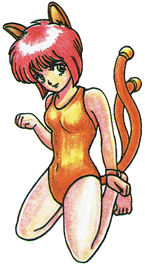 1980s_(style), 1girl, animal_ears, breasts, cat_ears, cat_girl, cat_tail, covered_navel, demon_(megami_tensei), digital_devil_story, esaki_minoru, green_eyes, kneeling, leotard, megami_tensei, multiple_tails, nekomata, nekomata_(megami_tensei), official_art, oldschool, orange_leotard, paw_pose, red_hair, retro_artstyle, scan, simple_background, solo, tail, third-party_source, transparent_background, two_tails, watch, wristwatch