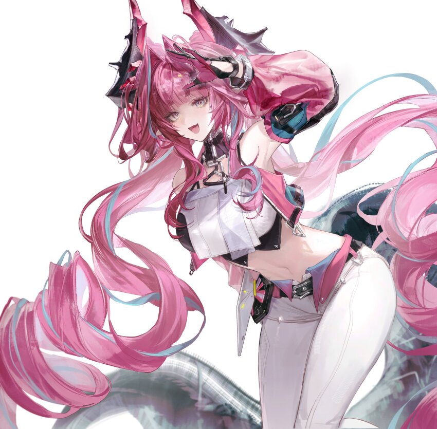 1girl, amane_luna_(vtuber), arknights, arknights:_endfield, arm_up, bare_shoulders, black_gloves, black_horns