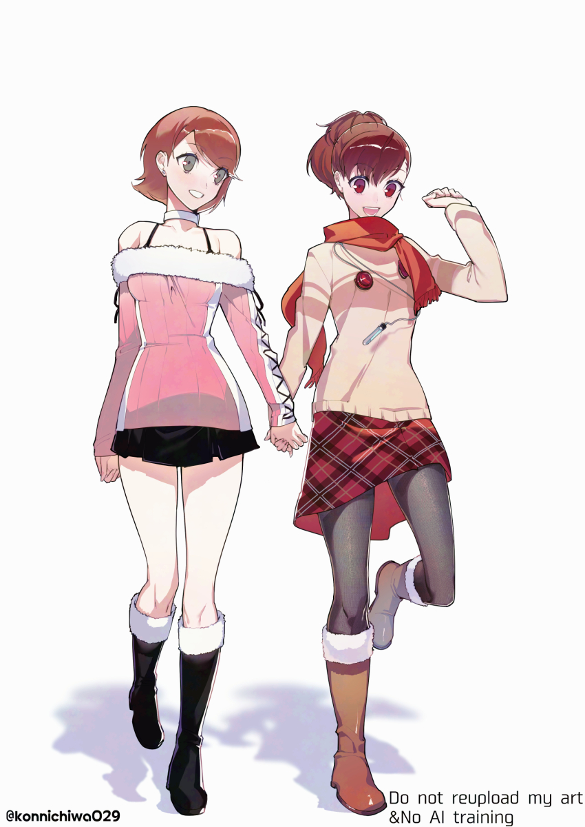 2girls, bare_shoulders, black_boots, black_skirt, boots, bra_strap, brown_boots, brown_hair