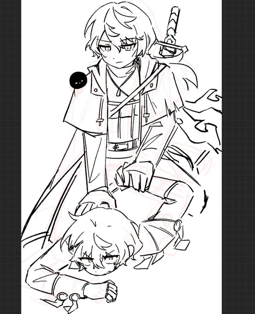 a_certain_sinclair_(project_moon), aged_up, animal, animal_on_shoulder, arm_behind_back, belt, bird, bird_on_shoulder, black_bird, commentary_request, fighting, grid_background, height_difference, held_down, highres, limbus_company, monochrome, mubzhmngdedngp1, pillarboxed, project_moon, restrained, scuffed, sinclair_(project_moon), sketch, sword, sword_on_back, weapon, weapon_on_back