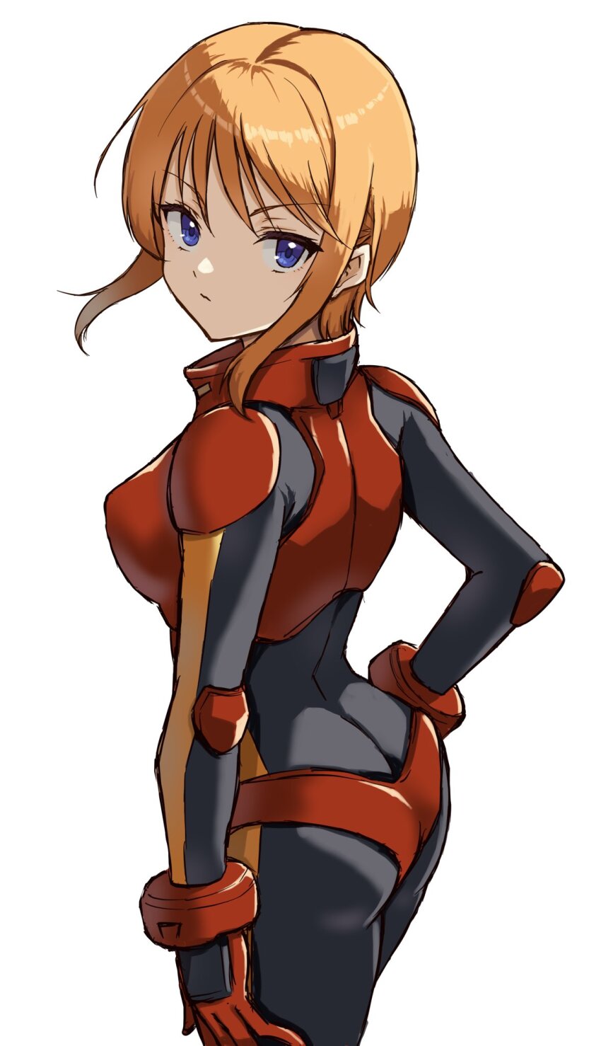 1girl, :/, arm_at_side, ass, black_bodysuit, blue_eyes, bodysuit, breasts