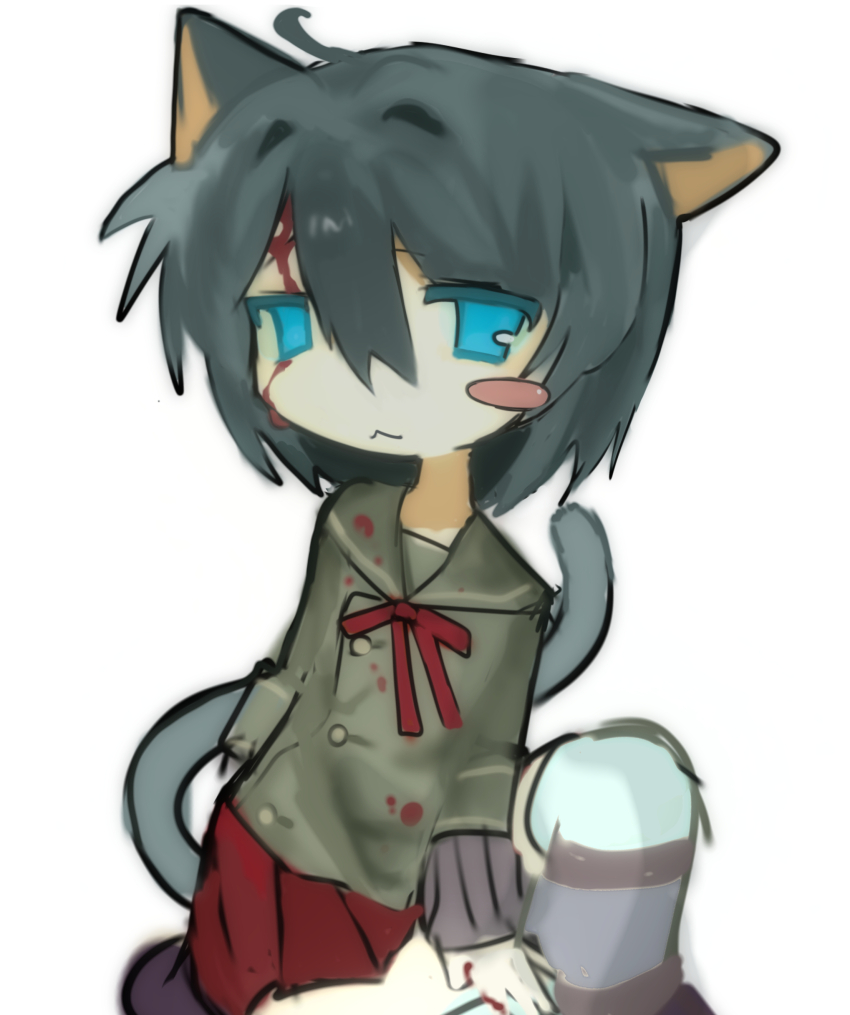 1girl, :3, absurdres, ahoge, animal_ears, black_hair, blood, blood_on_clothes