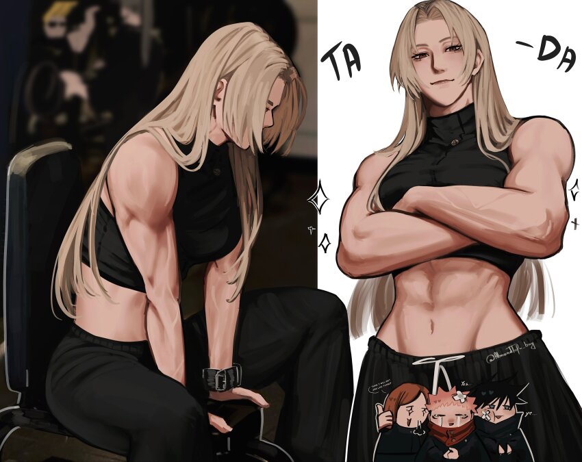 2boys, 2girls, abs, absurdres, almondtofu_boy, artist_name, bandage_on_face, bandages, bare_shoulders, black_pants, black_shirt, blonde_hair, brown_eyes, chibi, commentary, crop_top, crossed_arms, english_text, exercise_machine, exercising, fushiguro_megumi, highres, itadori_yuji, johnny_bravo, johnny_bravo_(series), jujutsu_kaisen, jujutsu_tech_uniform, kugisaki_nobara, legs_apart, long_hair, looking_at_viewer, midriff, multiple_boys, multiple_girls, muscular, muscular_female, navel, pants, parted_bangs, shirt, sitting, sleeveless, smile, sparkle, sparkling_eyes, sweatpants, toned, toned_female, tsukumo_yuki_(jujutsu_kaisen), twitter_username, veins, veiny_arms, watch, white_background, wristwatch