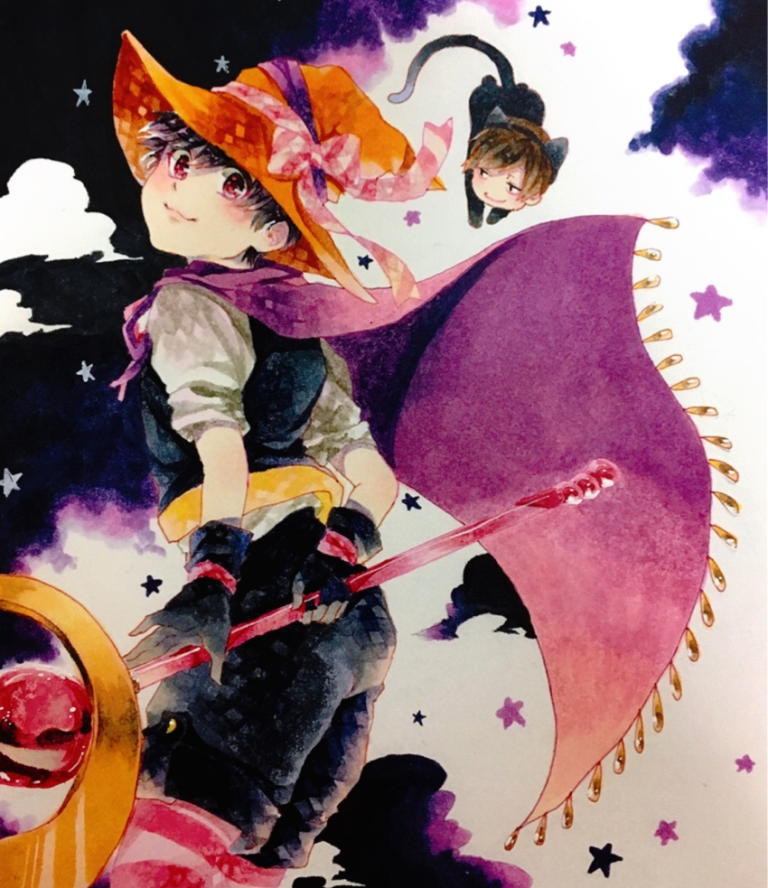 2boys, animal_ears, arms_behind_back, black_gloves, black_hair, black_pants, black_vest, bow