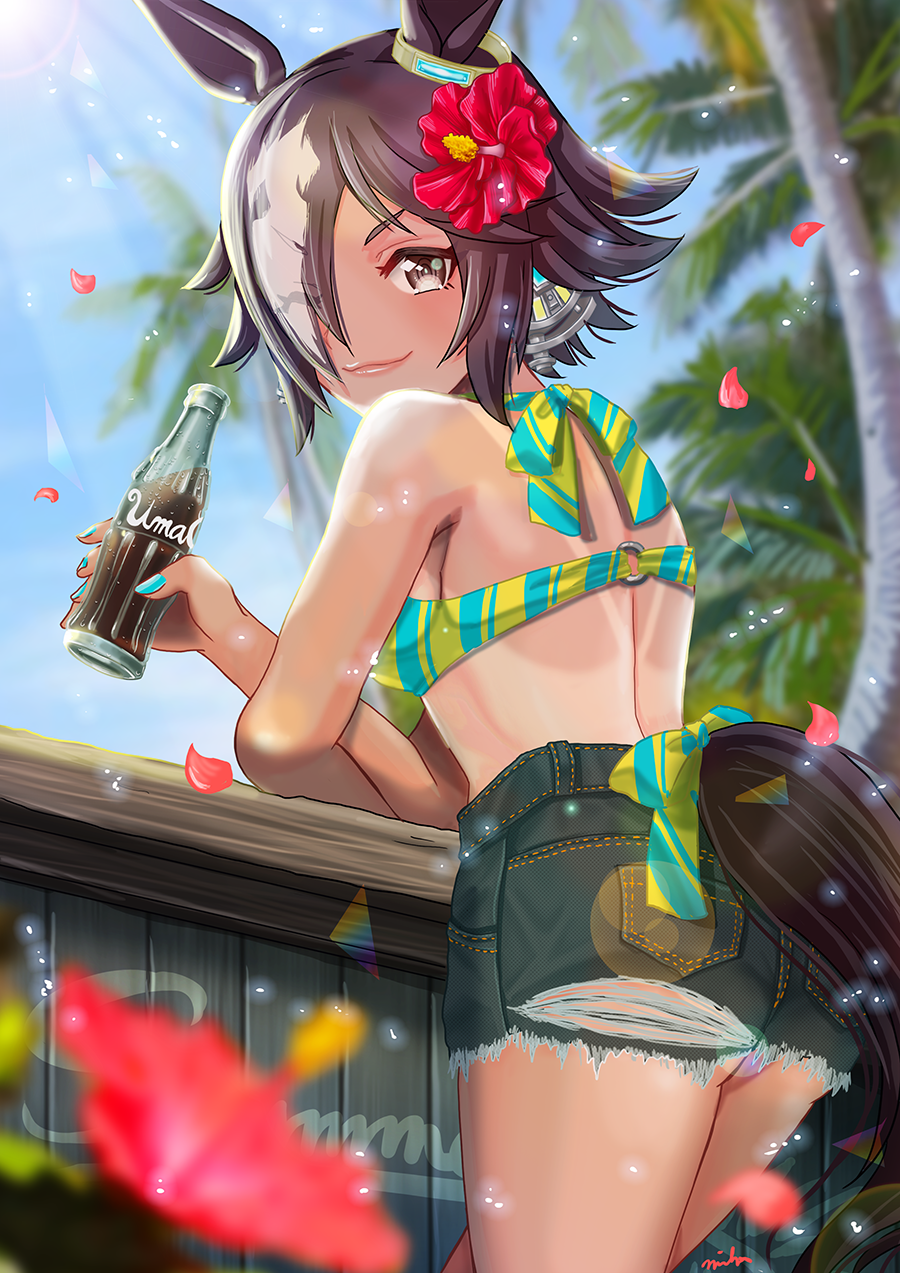 1girl, adapted_costume, animal_ears, ass, ass_peek, blurry, blurry_background, bottle