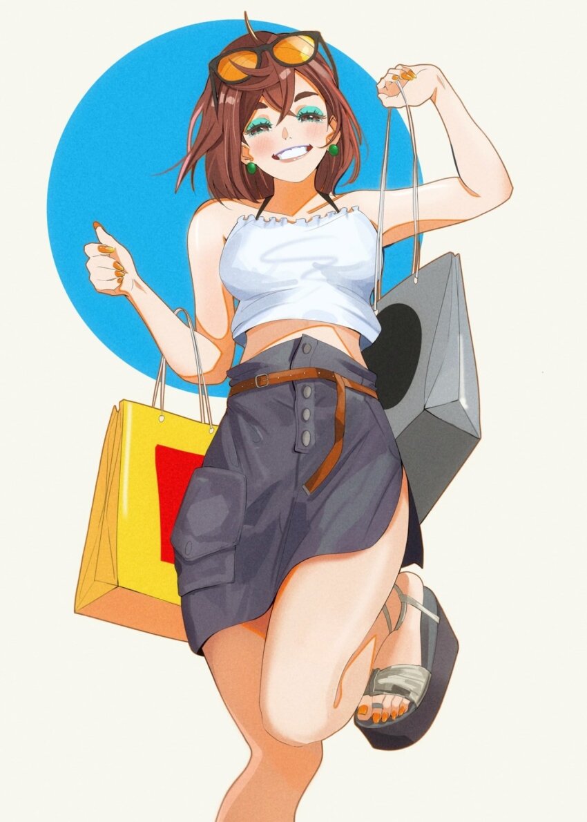 1girl, alternate_costume, ayase_momo, bag, bare_arms, bare_legs, bare_shoulders, belt