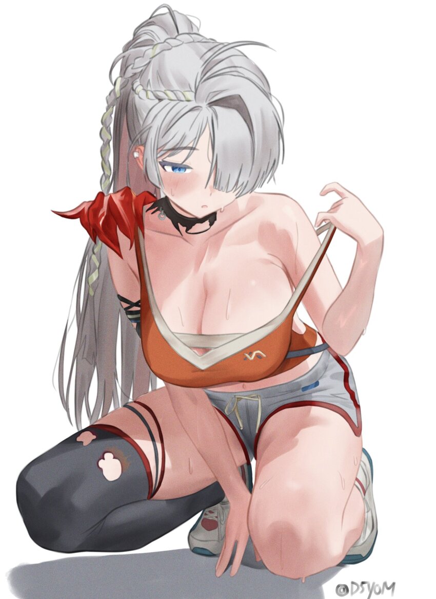 1girl, blue_eyes, blush, braid, breasts, cleavage, collarbone, d5y0m