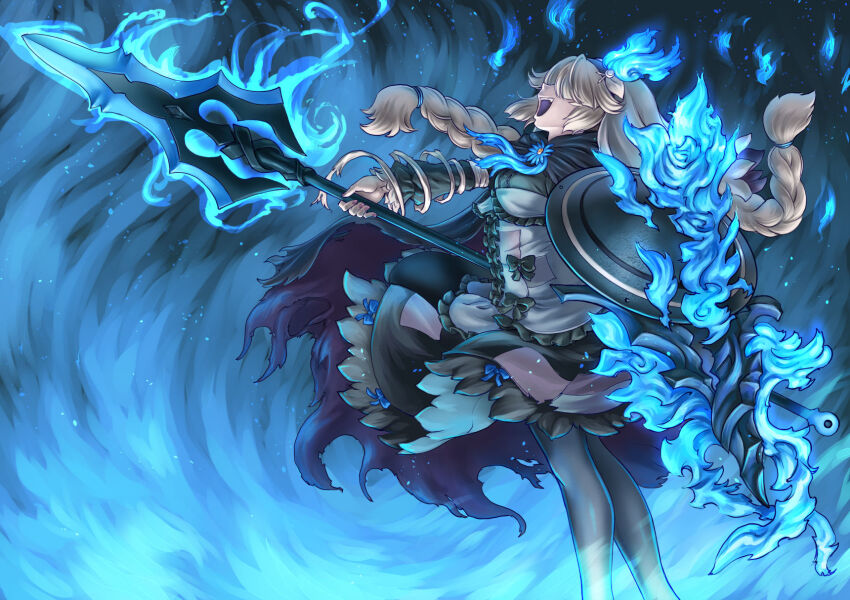 1girl, aohonou_no_kyuukoku_(grimms_notes), bandages_over_clothes, black_ribbon, blue_fire, braid, breasts, chaos_match_girl_(grimms_notes)