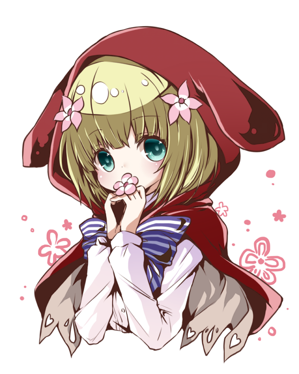 1girl, blonde_hair, flower, grimms_notes, holding, holding_flower, hood, hood_up