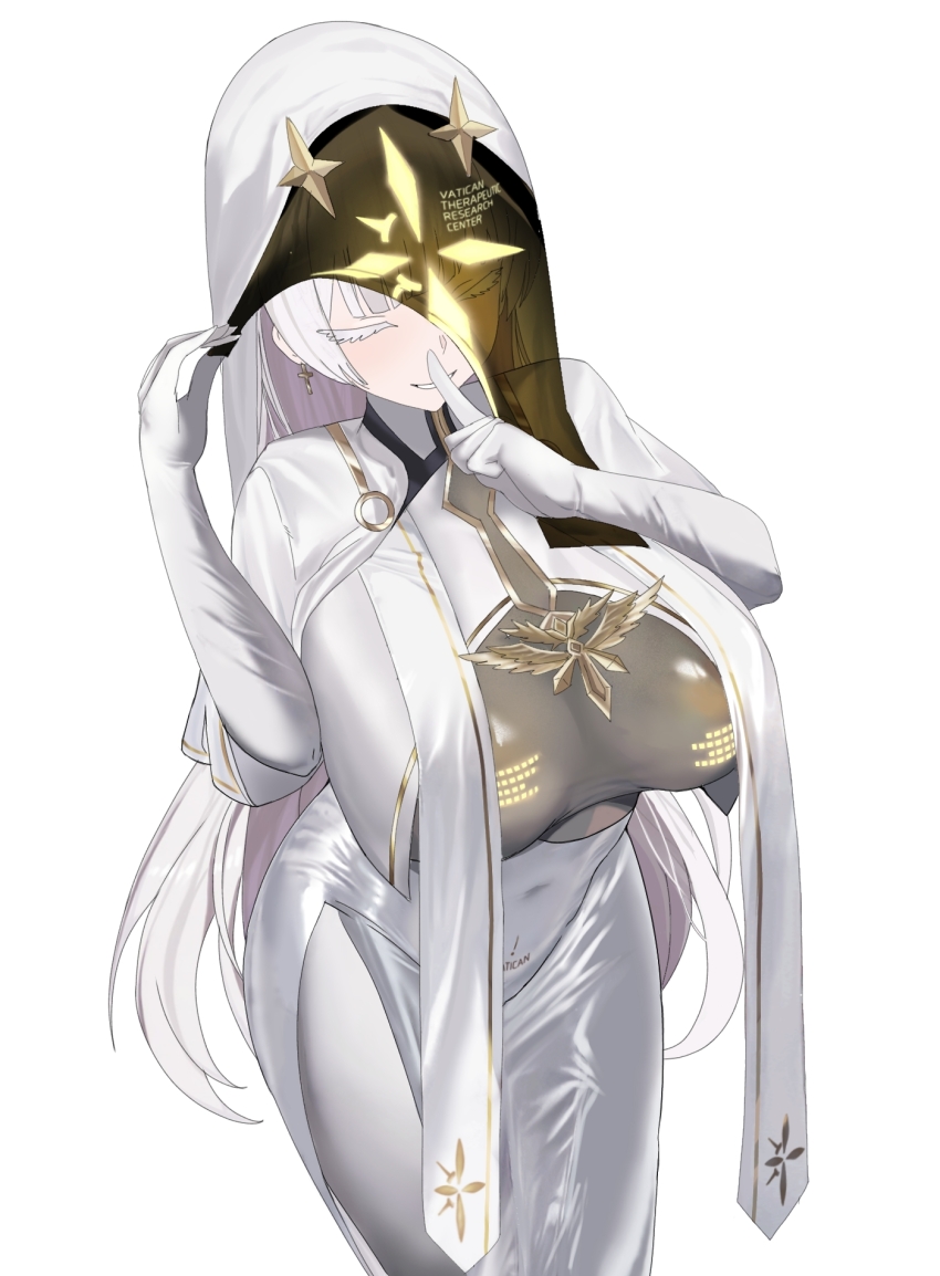 1girl, asoberis, black_veil, bodysuit, breast_curtains, breasts, capelet, closed_eyes, colored_eyelashes, dress, earrings, elbow_gloves, gloves, goddess_of_victory:_nikke, gold_trim, grey_bodysuit, grin, highres, index_finger_raised, jewelry, large_breasts, layered_clothes, long_hair, long_sleeves, nayuta_(nikke), nun, smile, solo, v.t.c._priestess_(nikke), veil, white_capelet, white_dress, white_eyelashes, white_gloves, white_hair