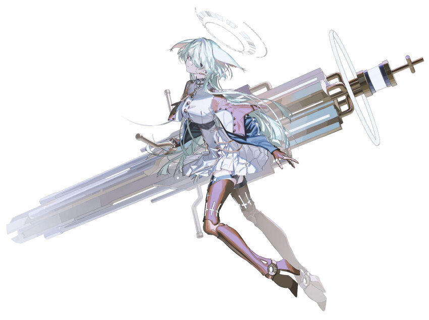 1girl, android, animal_ears, crymachina, dress, full_body, green_eyes, green_hair, halo, hayim_(crymachina), holding, holding_weapon, long_hair, looking_at_viewer, official_art, railgun, rolua, science_fiction, short_dress, solo, weapon