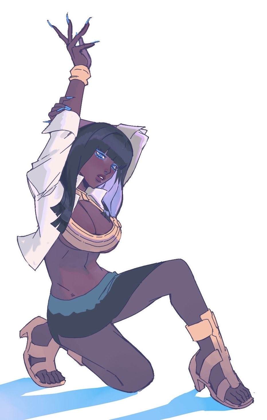 1girl, alice_(kyokugen_dasshutsu), black_hair, black_skirt, blue_eyes, blue_eyeshadow, blue_nails, blunt_bangs, breasts, cleavage, collared_shirt, colored_inner_hair, commentary, dark-skinned_female, dark_skin, english_commentary, eyeshadow, fingernails, gold_bangle, hand_on_own_arm, highres, kapsule, kyokugen_dasshutsu, kyokugen_dasshutsu_adv:_zennin_shibou_desu, long_fingernails, makeup, multicolored_hair, navel, no_bra, on_one_knee, open_clothes, open_shirt, parted_lips, sharp_fingernails, shirt, skirt, sleeves_rolled_up, solo, stomach, very_dark_skin