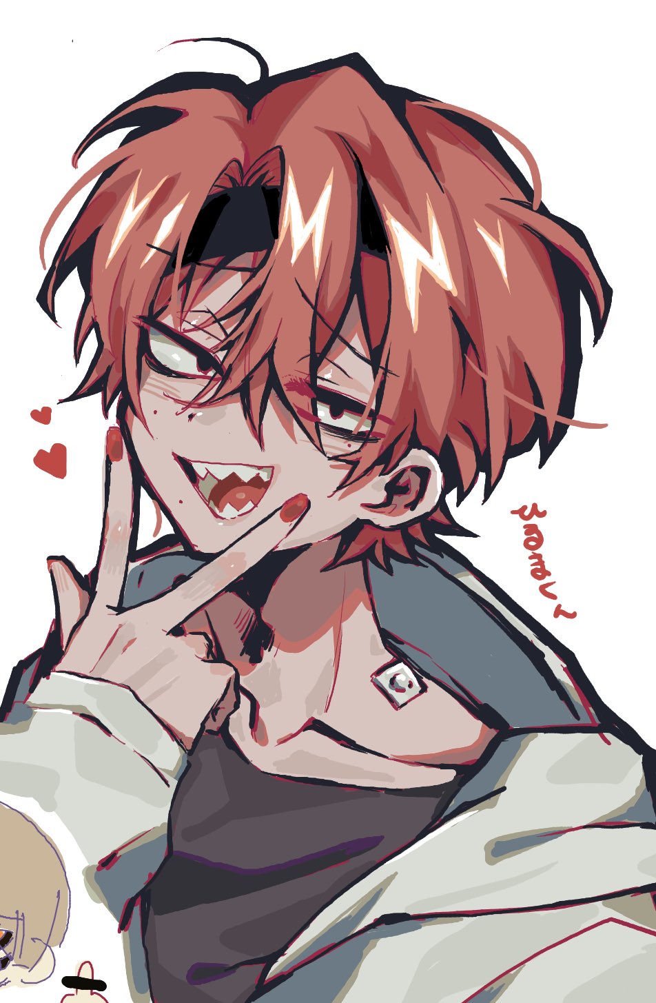 1boy, black_eyes, character_request, commentary_request, eve_(musician), facing_viewer, from_side, ghost_avenue, highres, jacket, kara_no_kioku, looking_up, mahiru_hiruma, male_focus, mole, mole_under_eye, pink_eyes, pink_nails