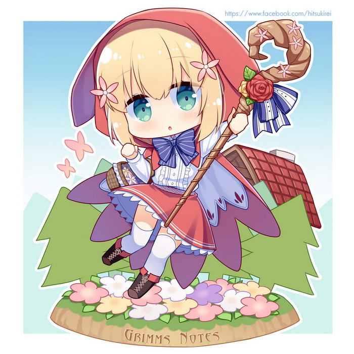 1girl, blonde_hair, boots, brown_boots, chibi, chibi_only, copyright_name, flower, full_body, green_eyes, grimms_notes, hair_flower, hair_ornament, hanataba_no_tsue_(grimms_notes), hitsuki_rei, holding, holding_staff, hood, hood_up, looking_at_viewer, medium_hair, neck_ribbon, parted_lips, pink_flower, red_hood, red_riding_hood_(grimms_notes), red_riding_hood_(original)_(grimms_notes), ribbon, shirt, solo, staff, striped_ribbon, thighhighs, tree, white_shirt, white_thighhighs